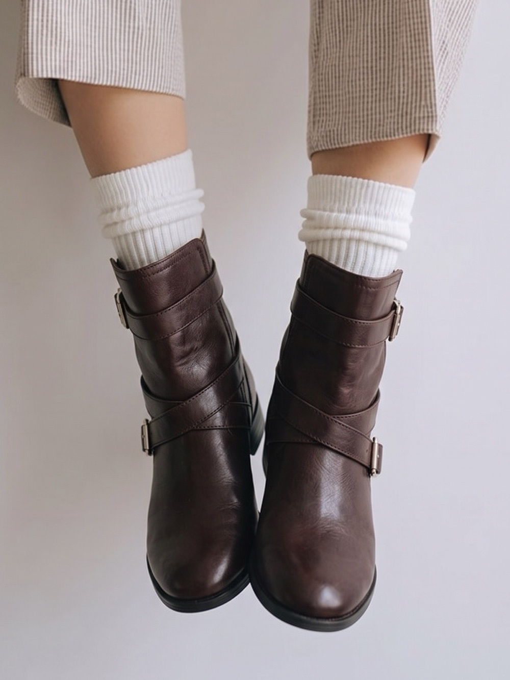 ALFANI Brown Leather Ankle Boots w/Strap Details